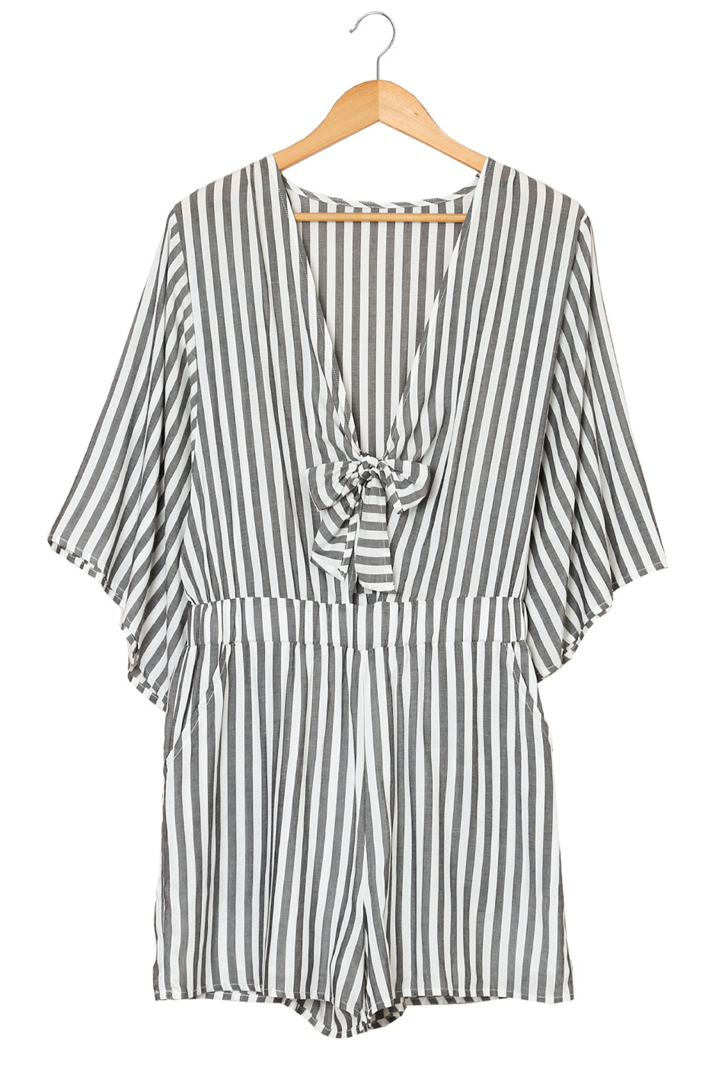 Women's Romper Featuring Kimono Sleeves Tie Front Striped