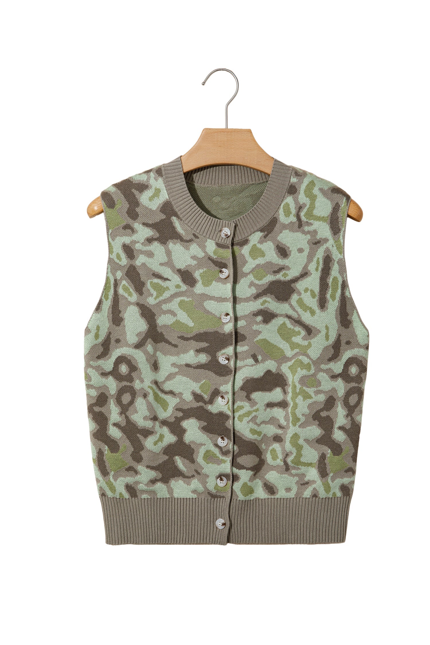 Camo Front Print Button Loose Knit Top Vest in Green