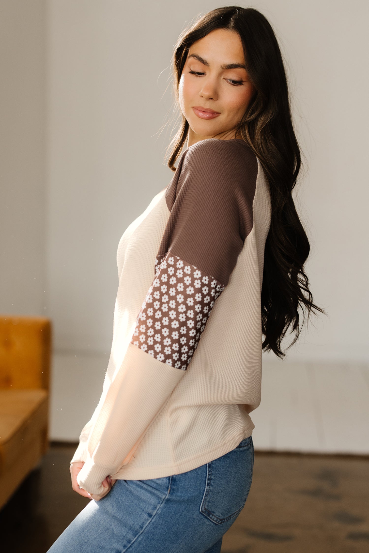 Floral-Print Patchwork Colorblock Long-Sleeved Top