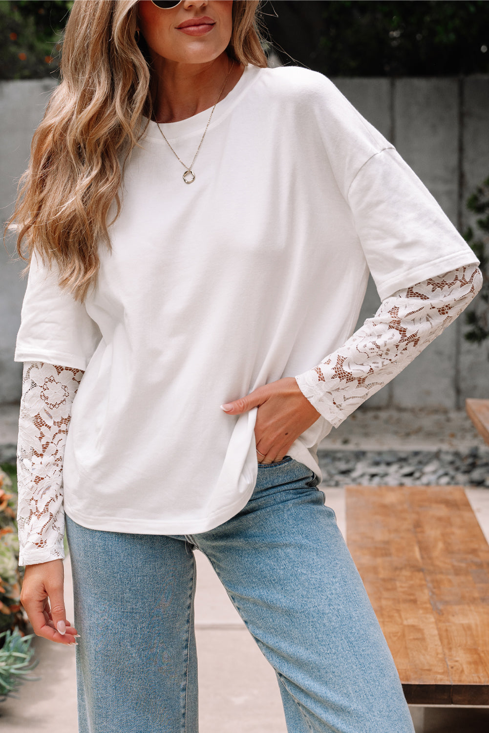 Lace Long-Sleeved Insert Drop-Shoulder Tee