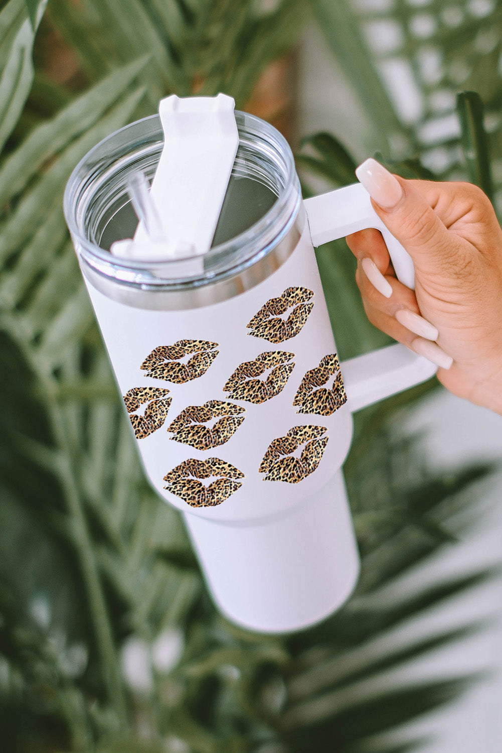 Valentine Print Leopard Lips Thermos Cup with Straw 40oz