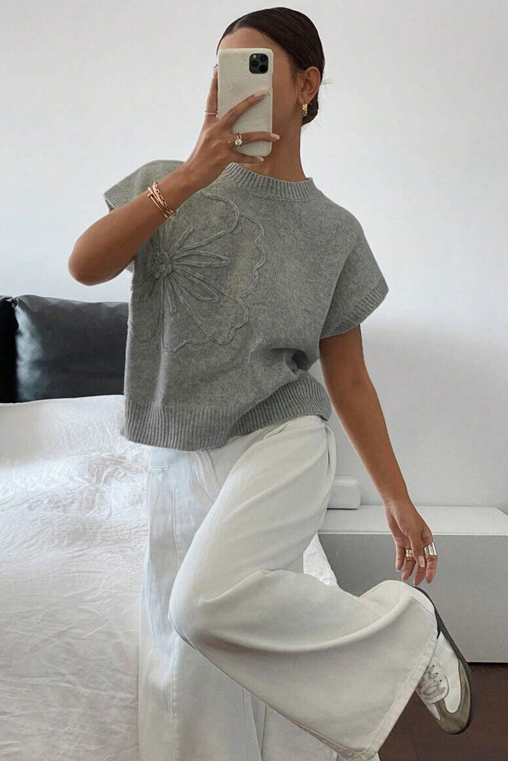 Pattern High Flower Rib-Knit Trim Short-Sleeved Boxy Knit Top
