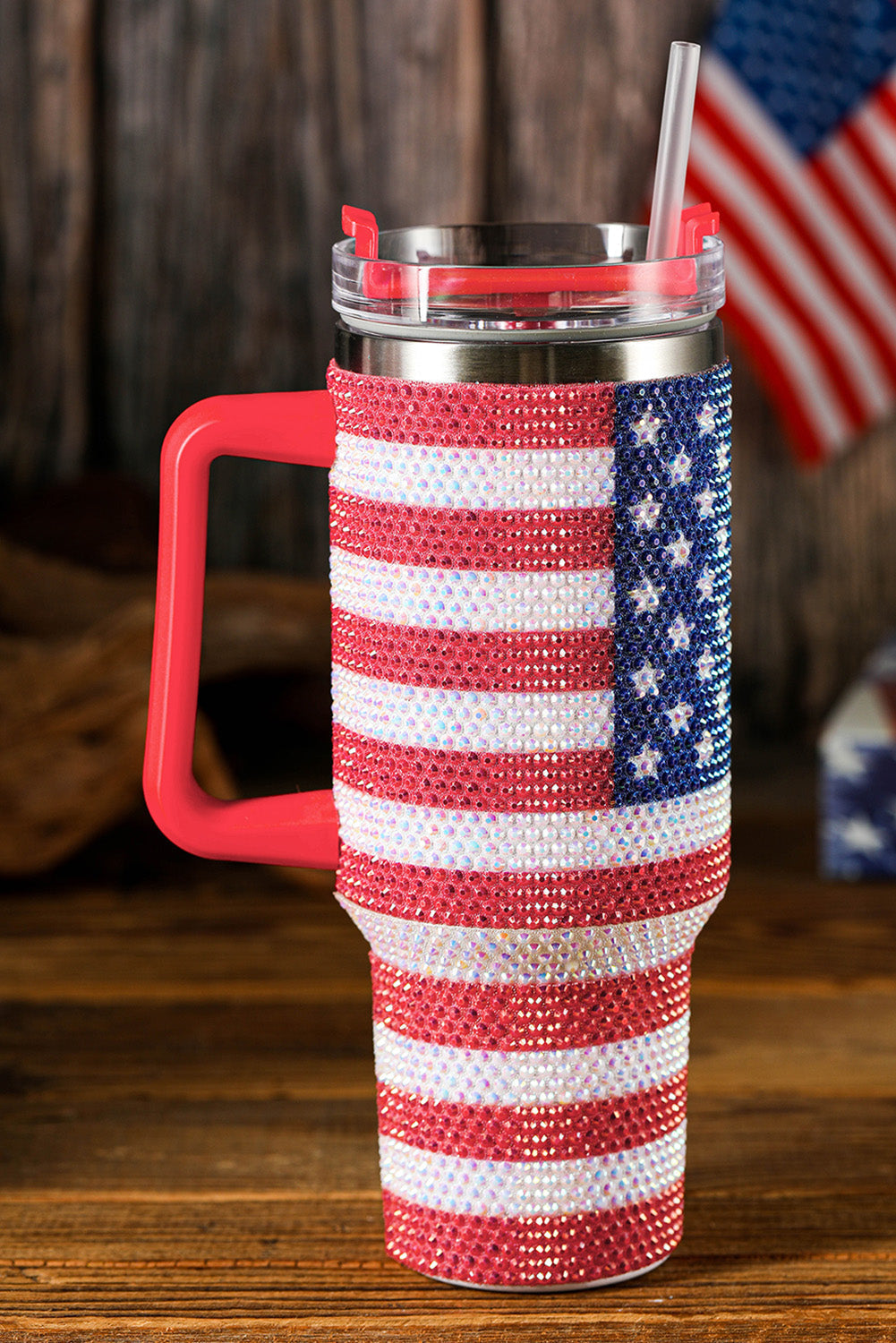 American Flag Rhinestone Flag Print Handled 40oz Thermos Tumbler