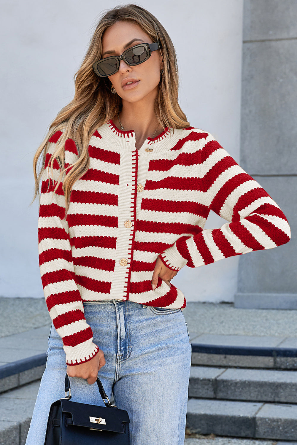 Stripe Button Polished Golden Cardigan Knit Top in Red