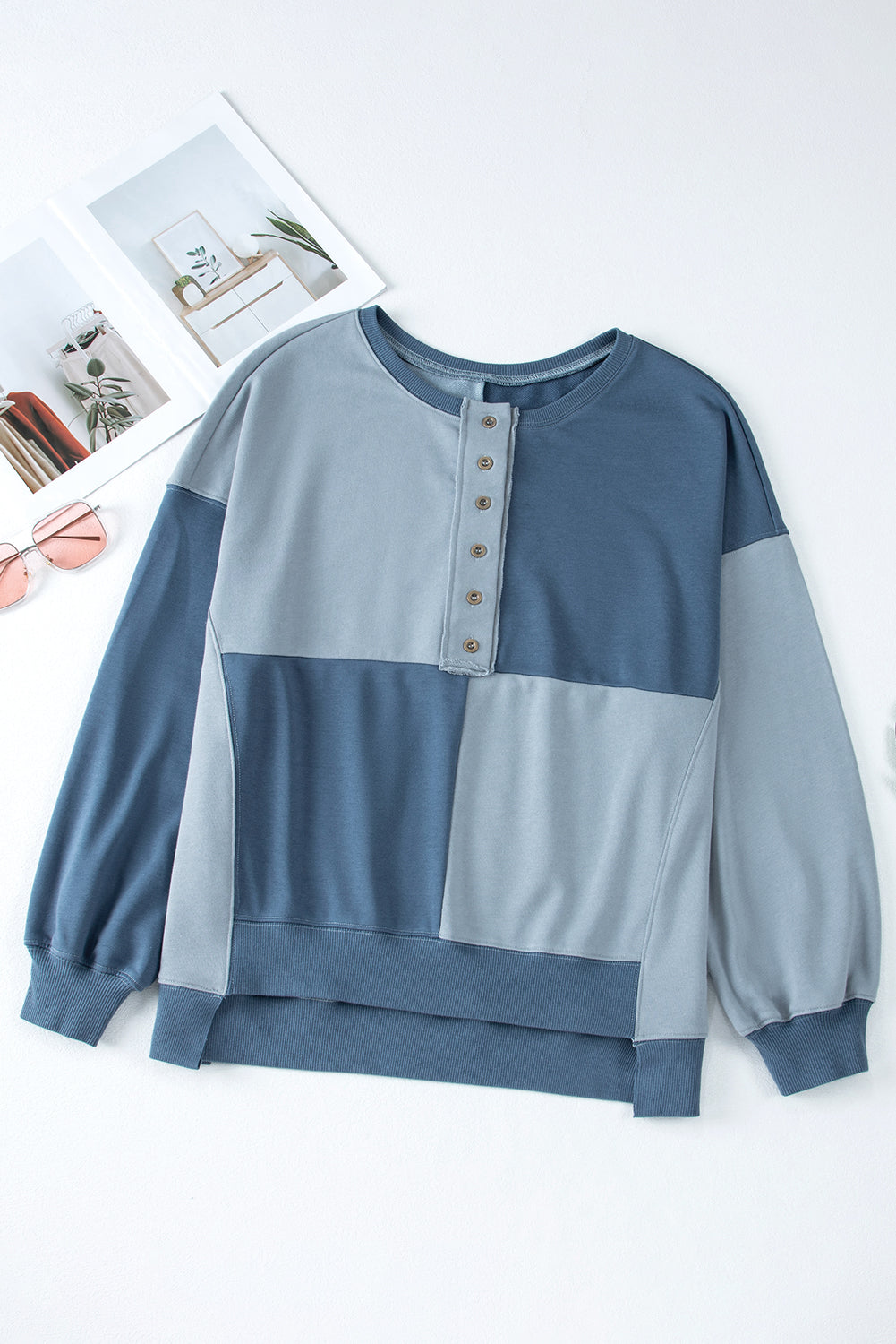 Henley High Colorblock High Low Oversize Sweatshirt