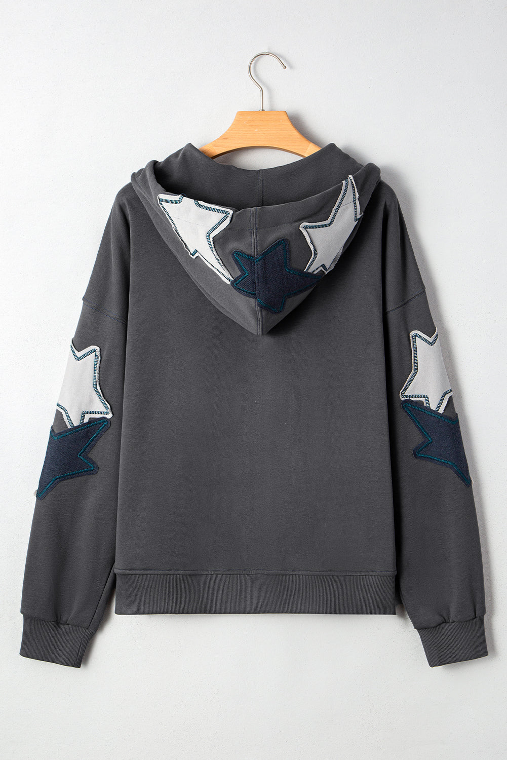 Star Stitching Patchwork Contrast Mineral Wash Kangaroo Pocket Retro Hoodie