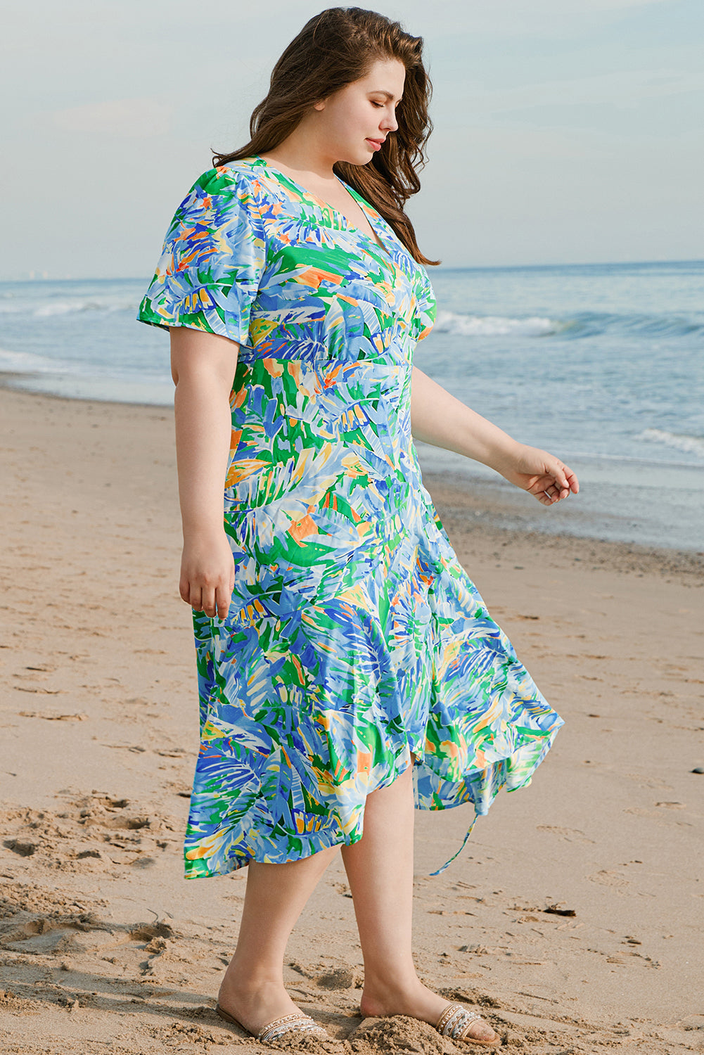 Leaves Print Ruffled Trim Plus Size Maxi Dress