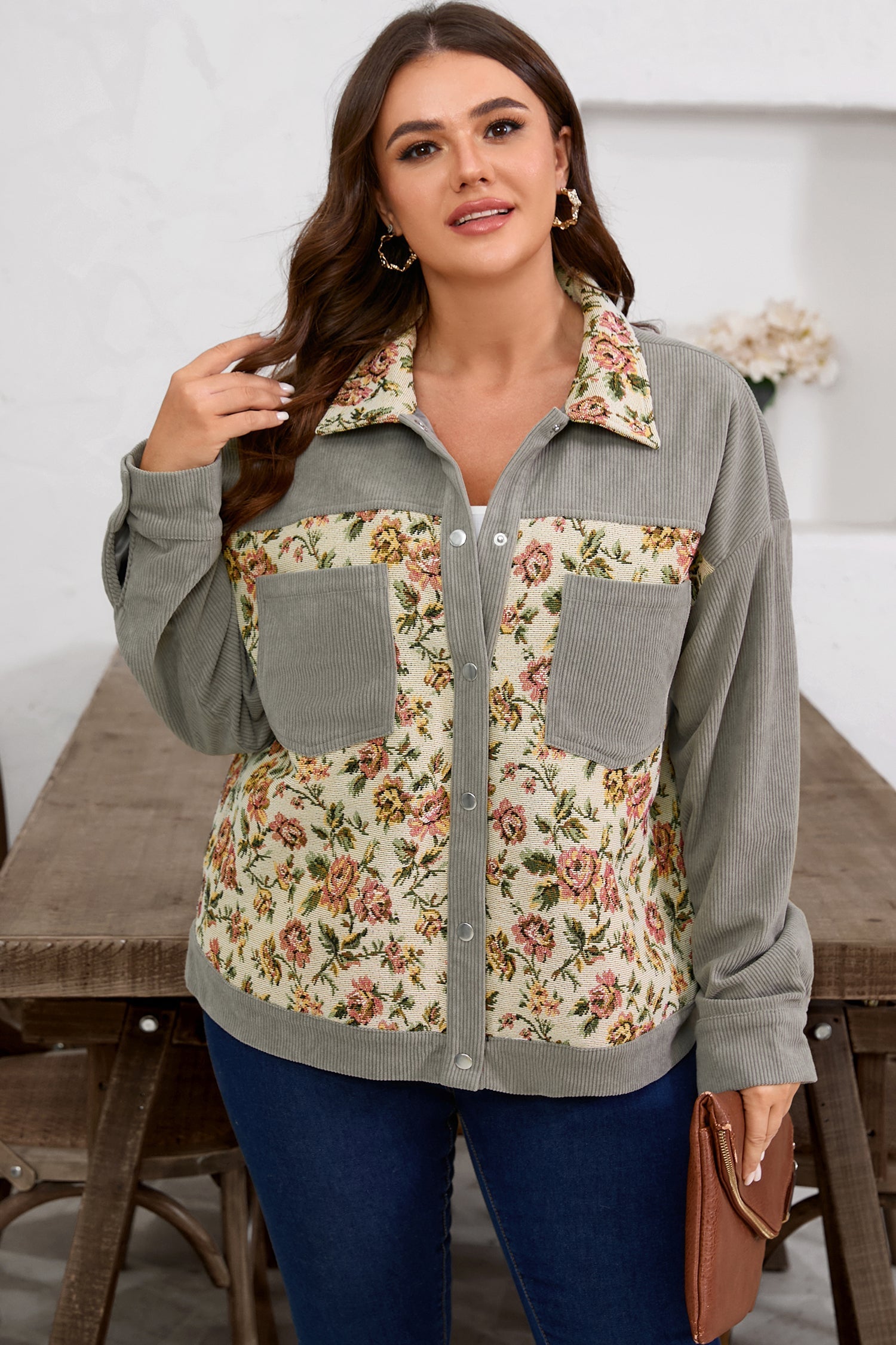 Grey Floral Medium Floral Patchwork Retro Corduroy Jacket
