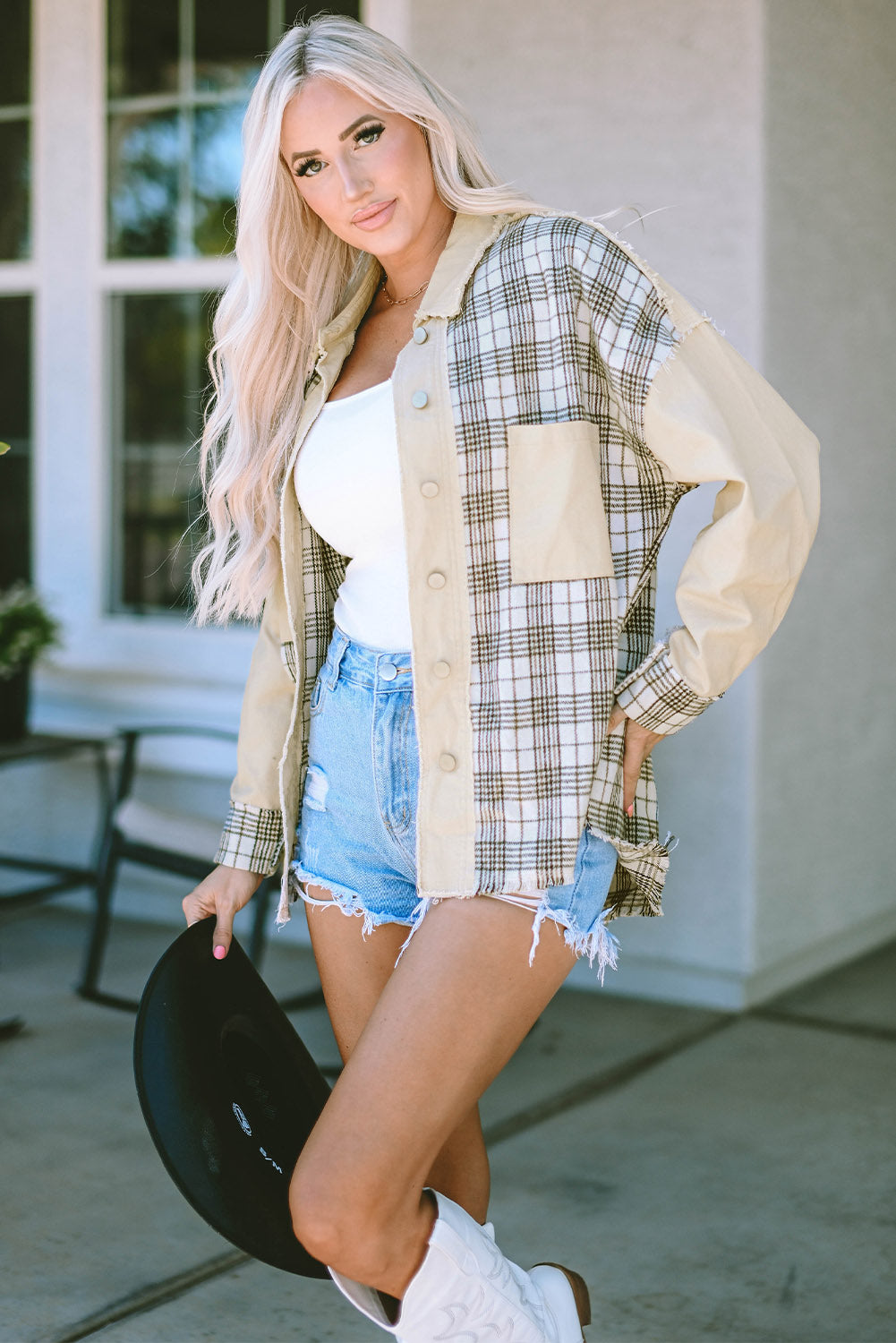 Women's Distressed Raw Edge Plaid Patchwork Denim Jacket