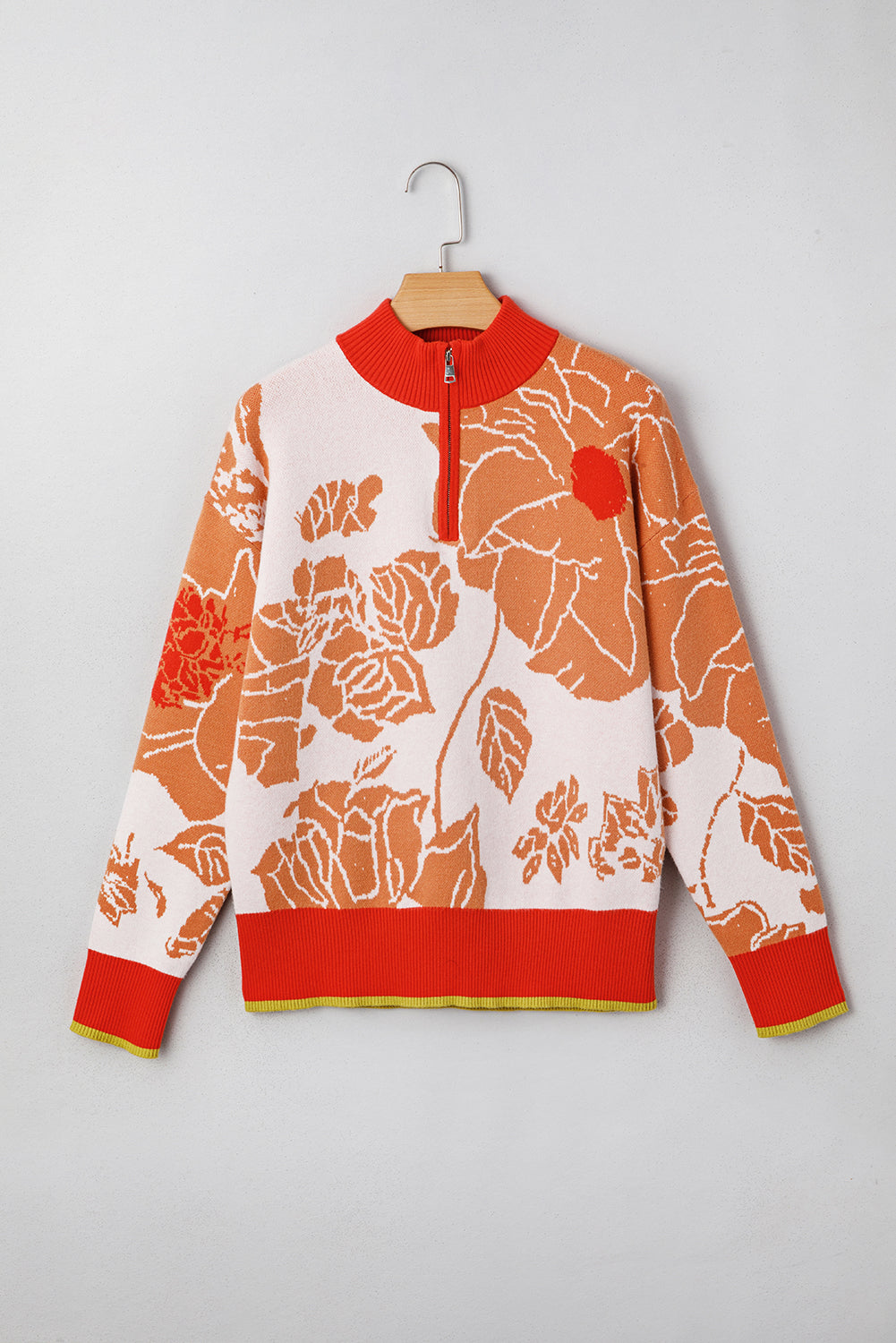 Zip Floral Half Collared Pullover Knit Top