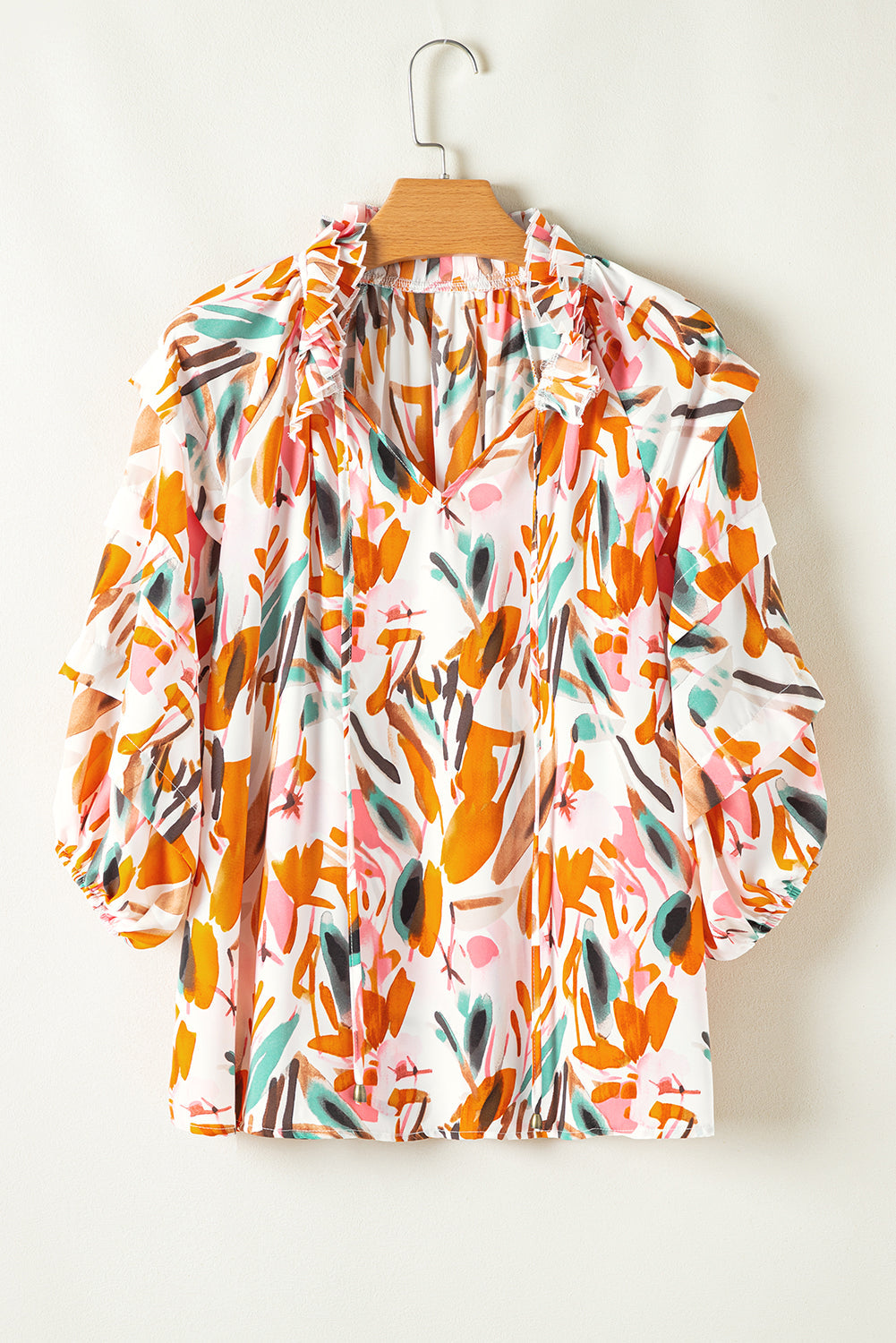 Abstract Print Drawstring 3/4 Sleeve Blouse