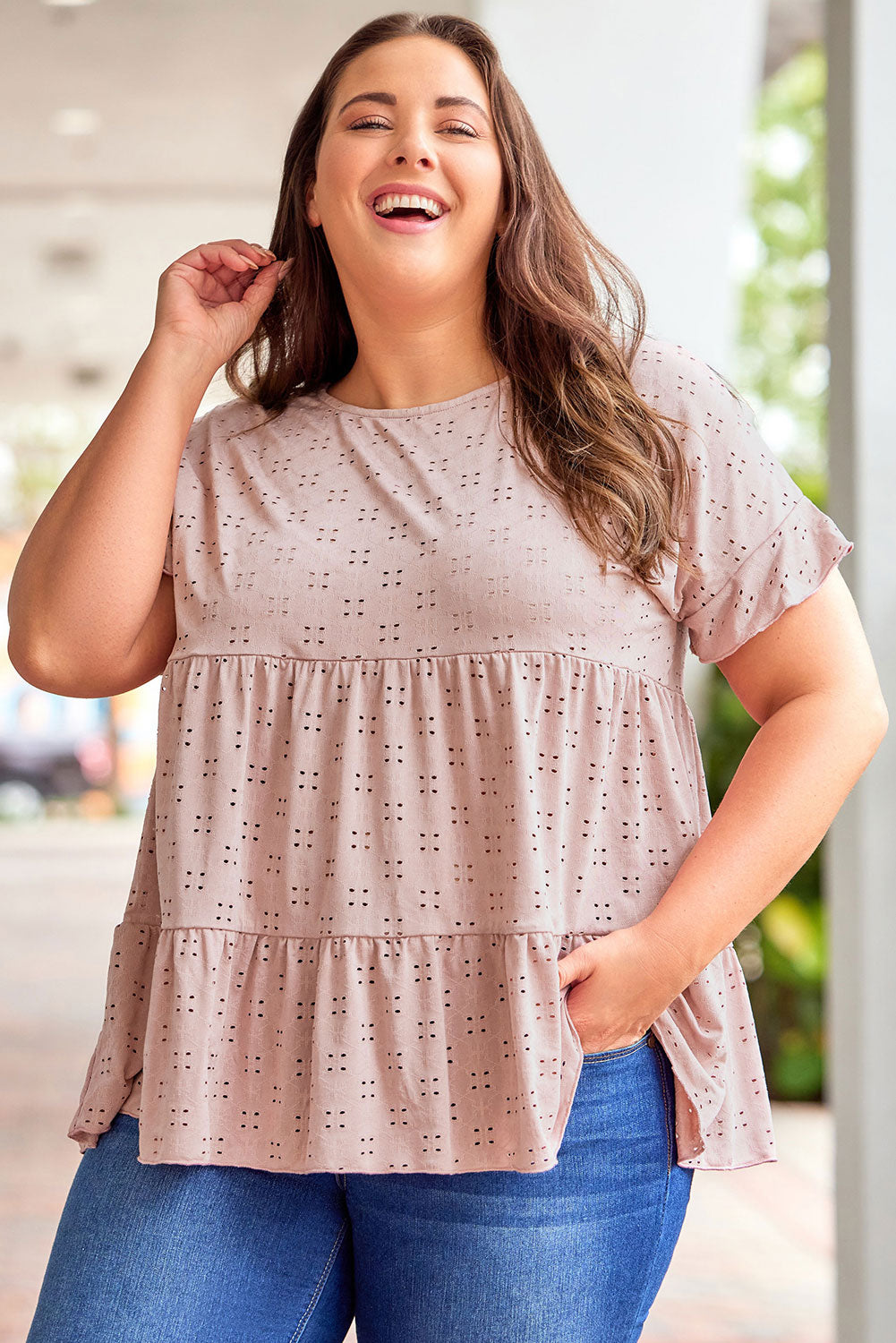 Babydoll Top for Women Plus Size Eyelet Pattern Ruffle-Trimmed Sleeve