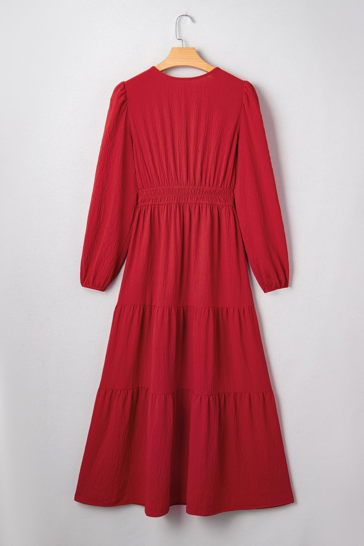 Detail Cinched Embroidered Cinched Waist Tiered Long-Sleeved Maxi Dress in Red