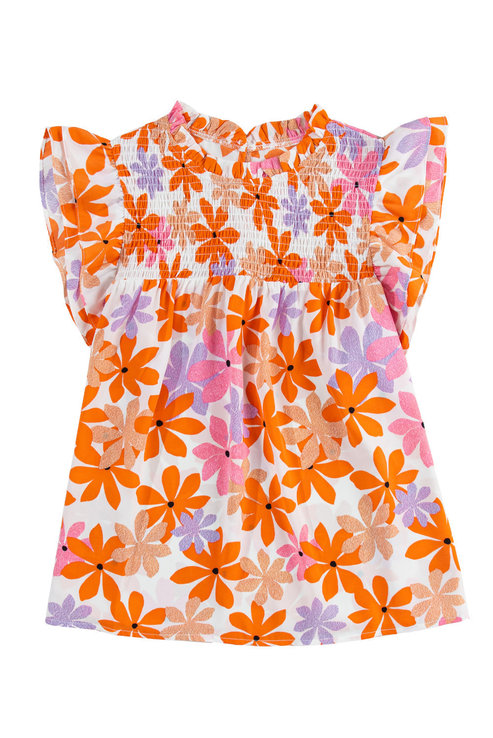 Women's Ruffle-Trimmed Sleeve Shirred Floral-Print Top