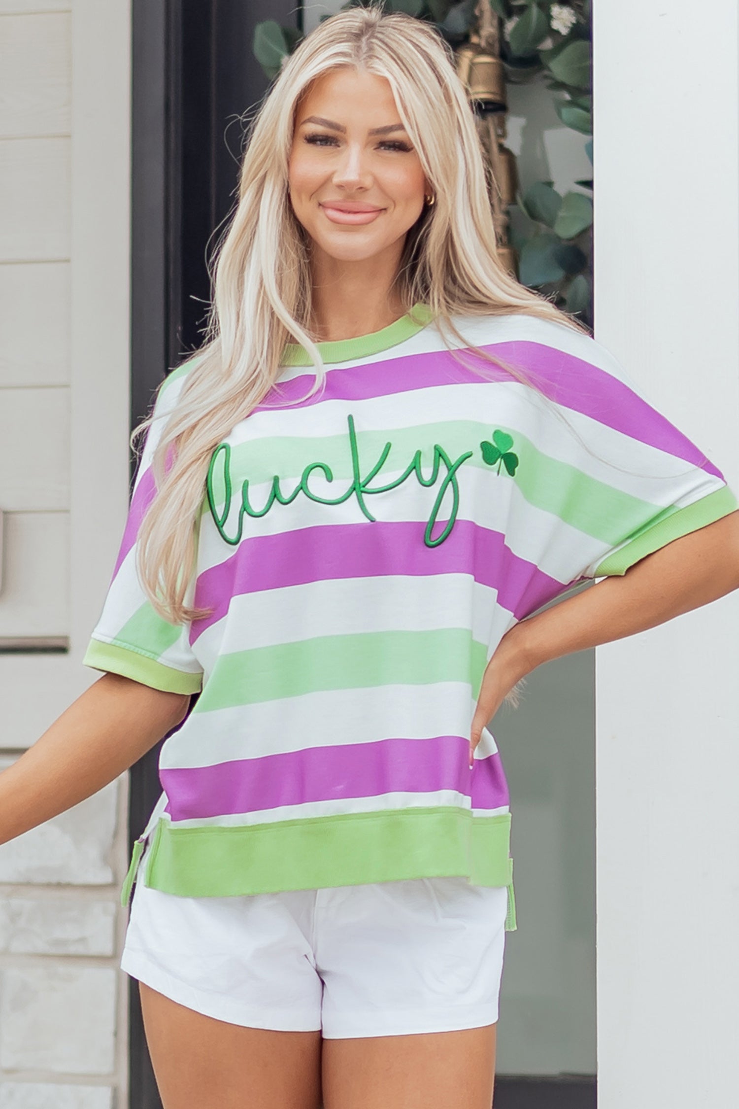 Embroidered Lucky Clover Graphic Dolman Loose Tee