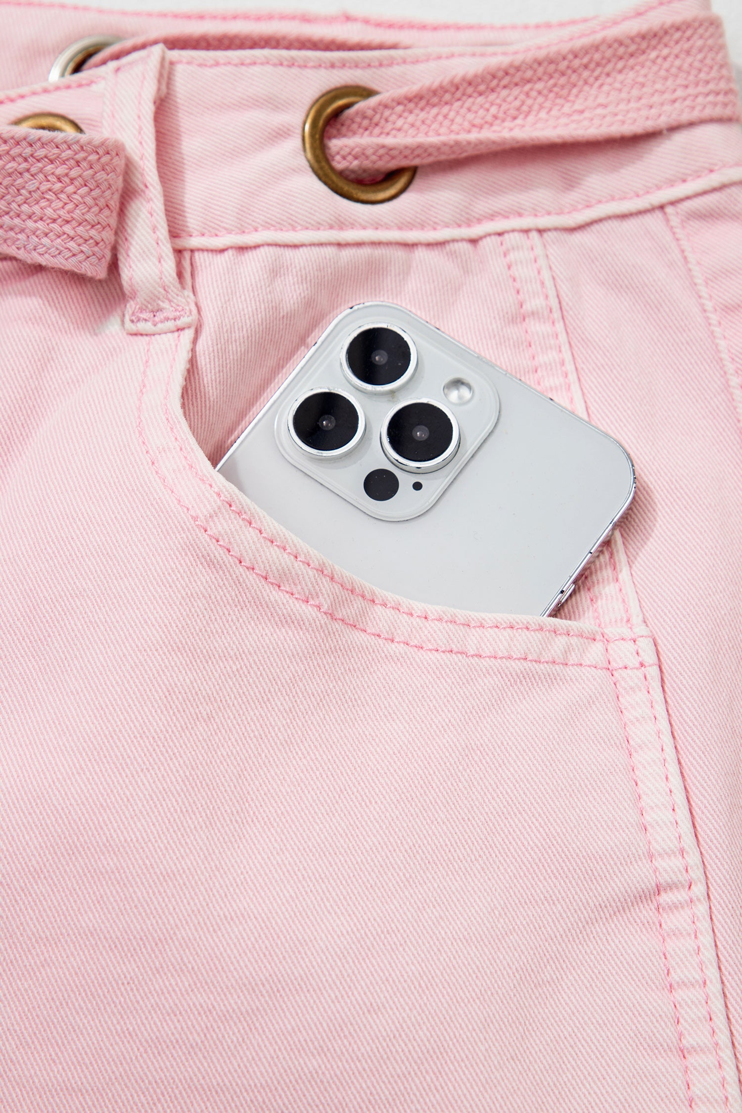Grommet Detail Solid Detail Knot Waist Barrel Jeans in Light Pink