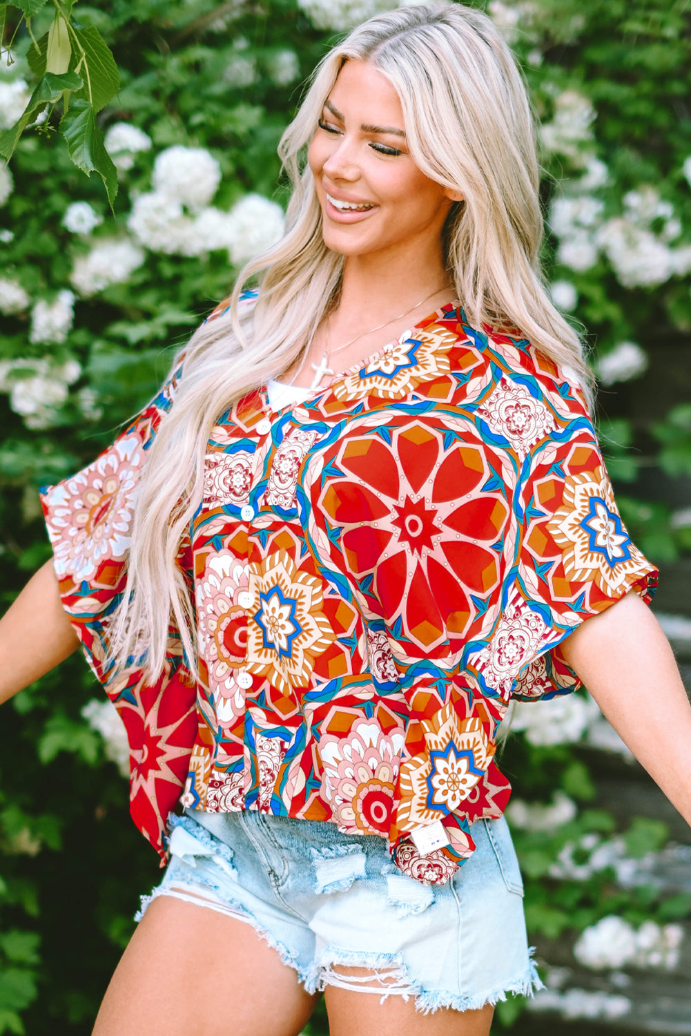 Women's Blouse Featuring Floral-Print Batwing Sleeve V Neck