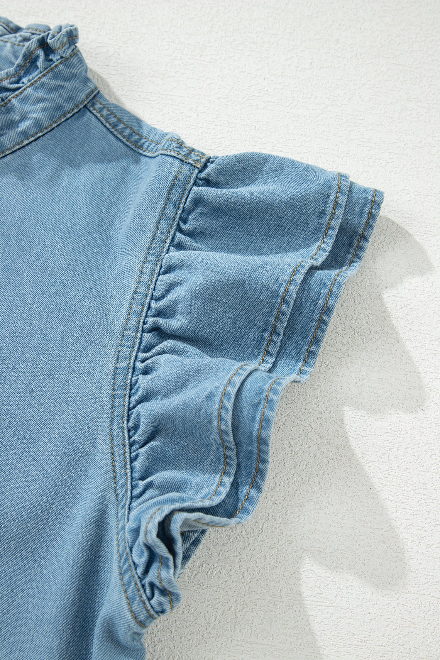 Frilled Down Detail Button Ruffle Short-Sleeved Denim Mini Dress