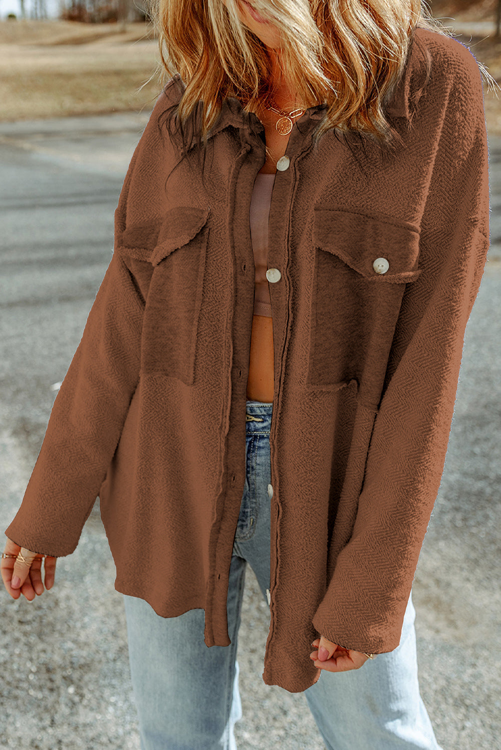 Women's Contrast Flap Pockets Brown Relaxed Shacket