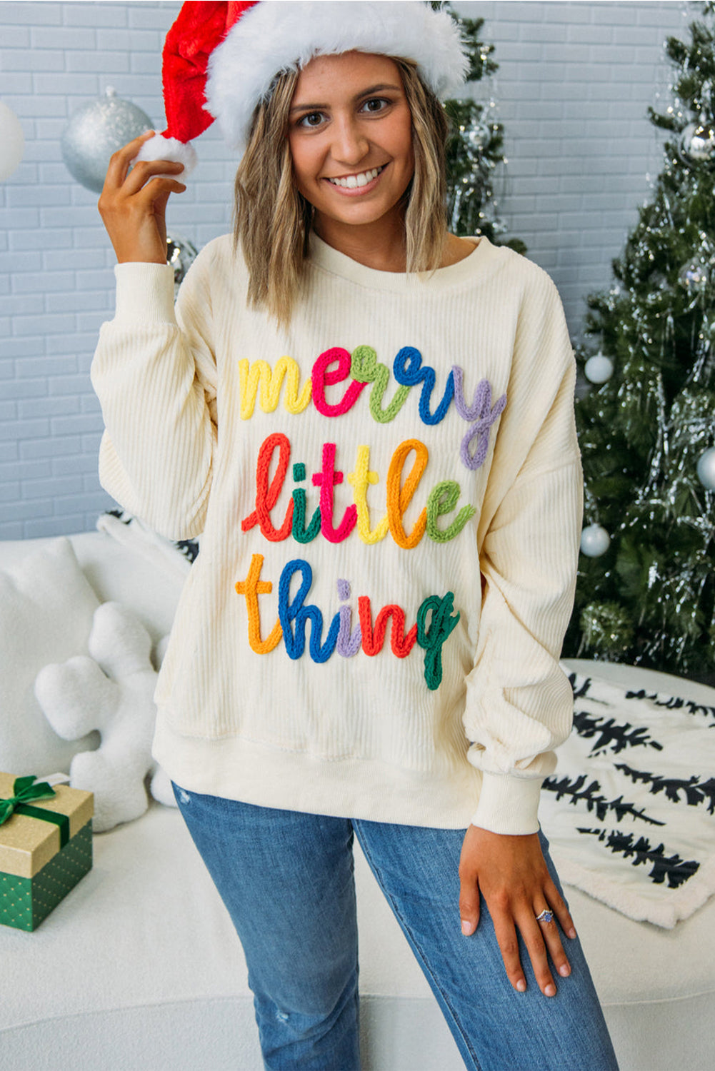 little thing merry thing Corded Letter Graphic Rib-Knit Loose Sweatshirt