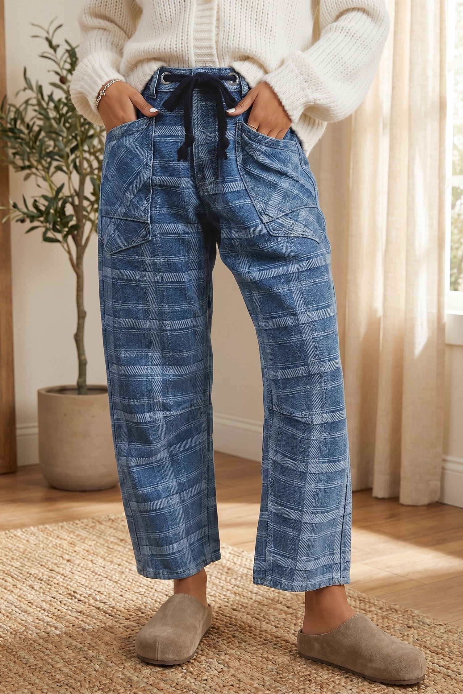 Denim Grommet Plaid Grommet Drawcord Waist Ankle-Length Jeans in Sky Blue