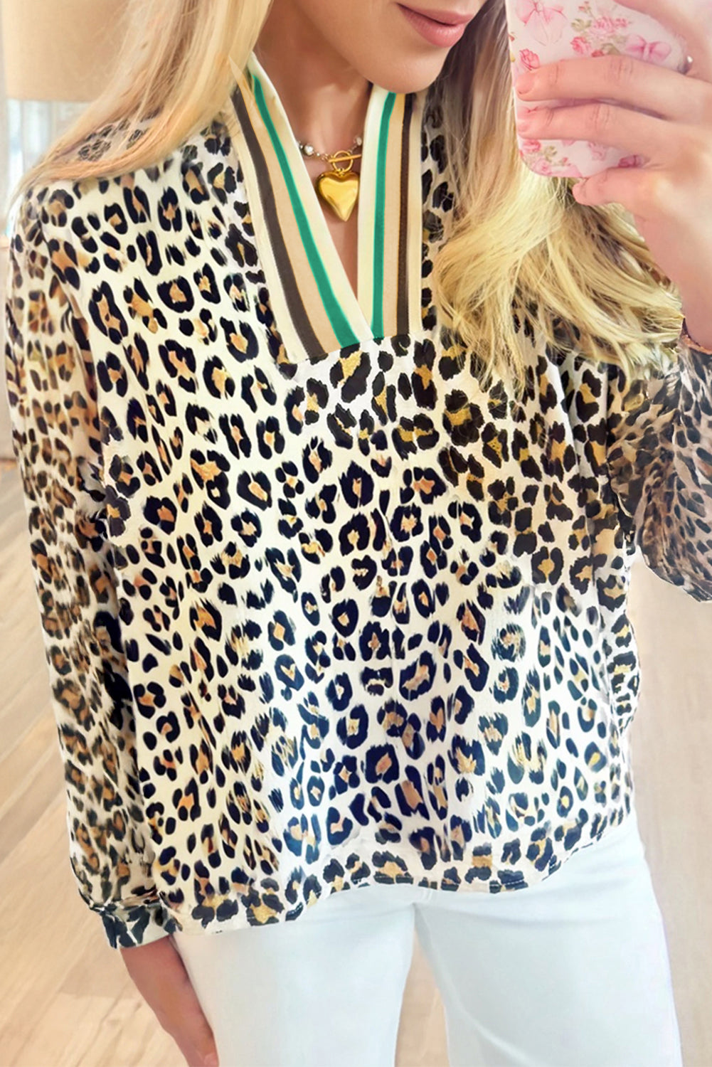 Leopard-Print Contrast Striped V-Neck Blouse