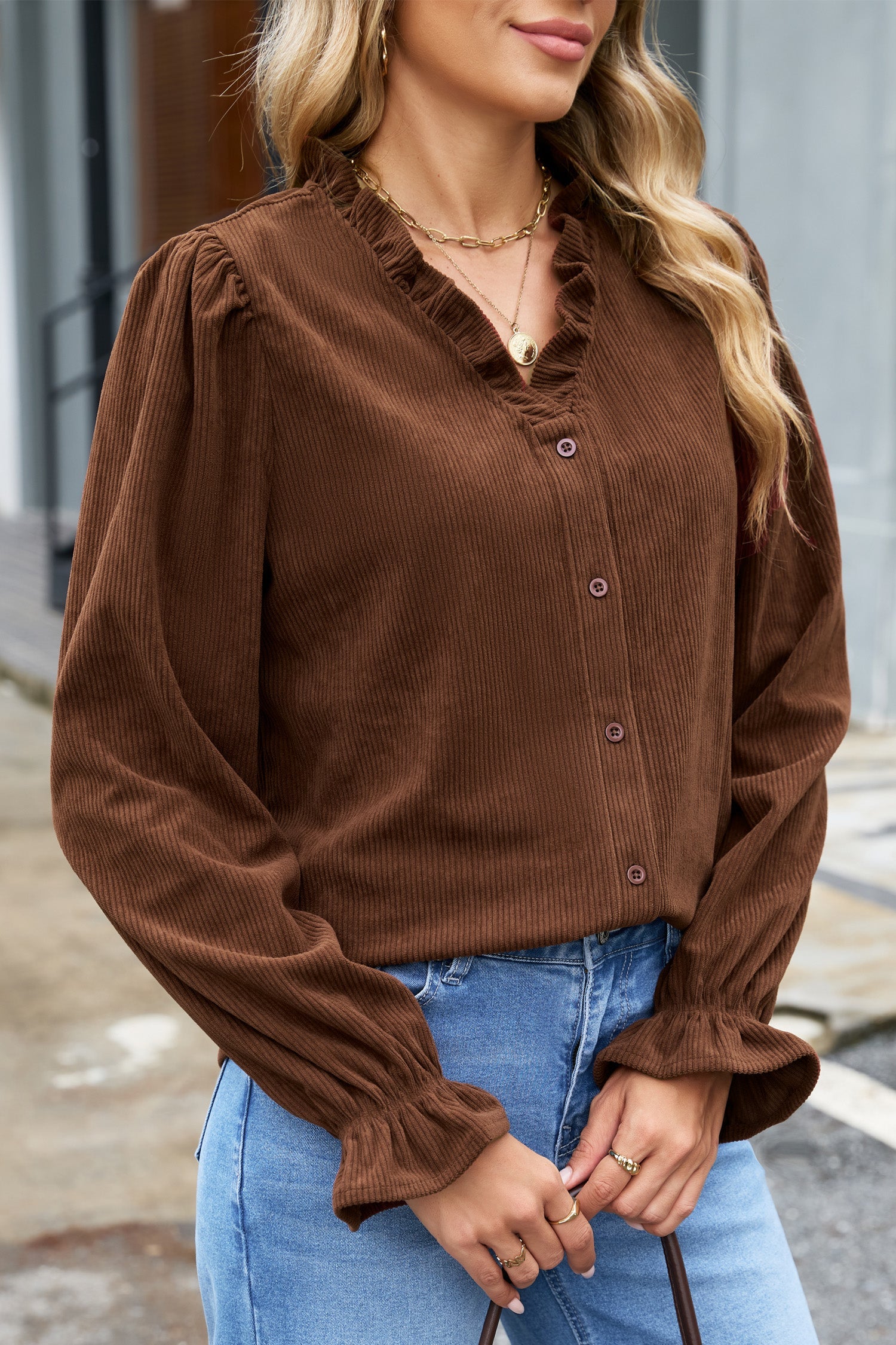 Long-Sleeved Coffee Solid Button Corduroy Shakcet