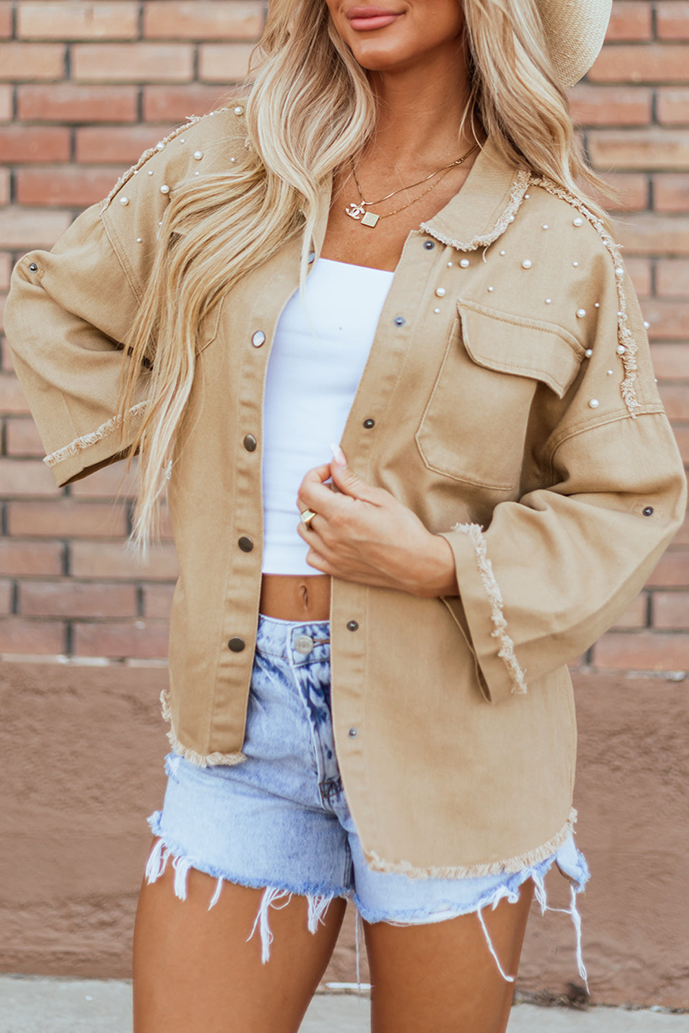 Denim Jacket featuring Beaded Raw Hem Button-Up Pearl