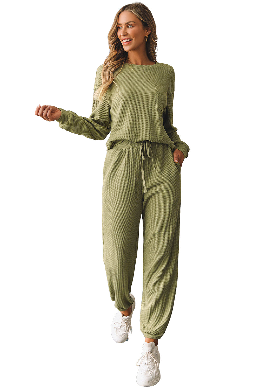 Women's Waffle Knitted Top Drawcord Joggers Set