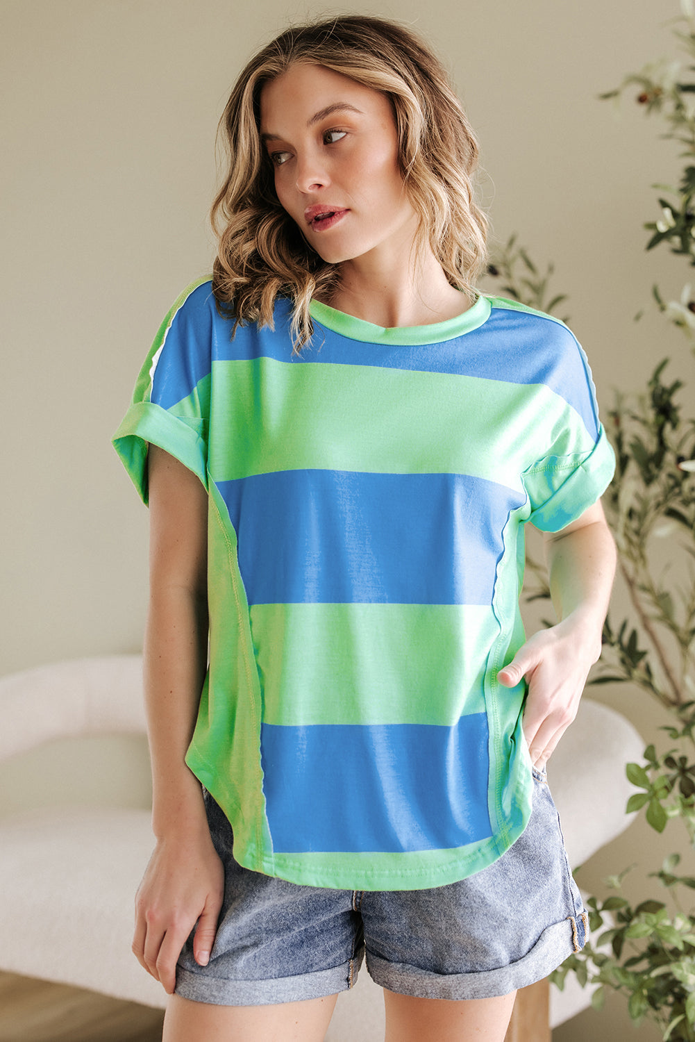 Blue Green Colorblock Rounded Hem Loose T Shirt