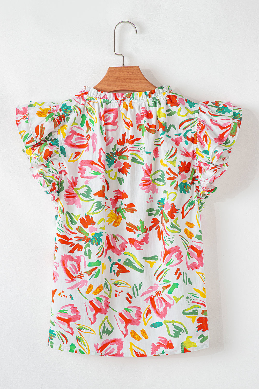 Allover Flutter Floral Printed Sleeve Split Neck Blouse