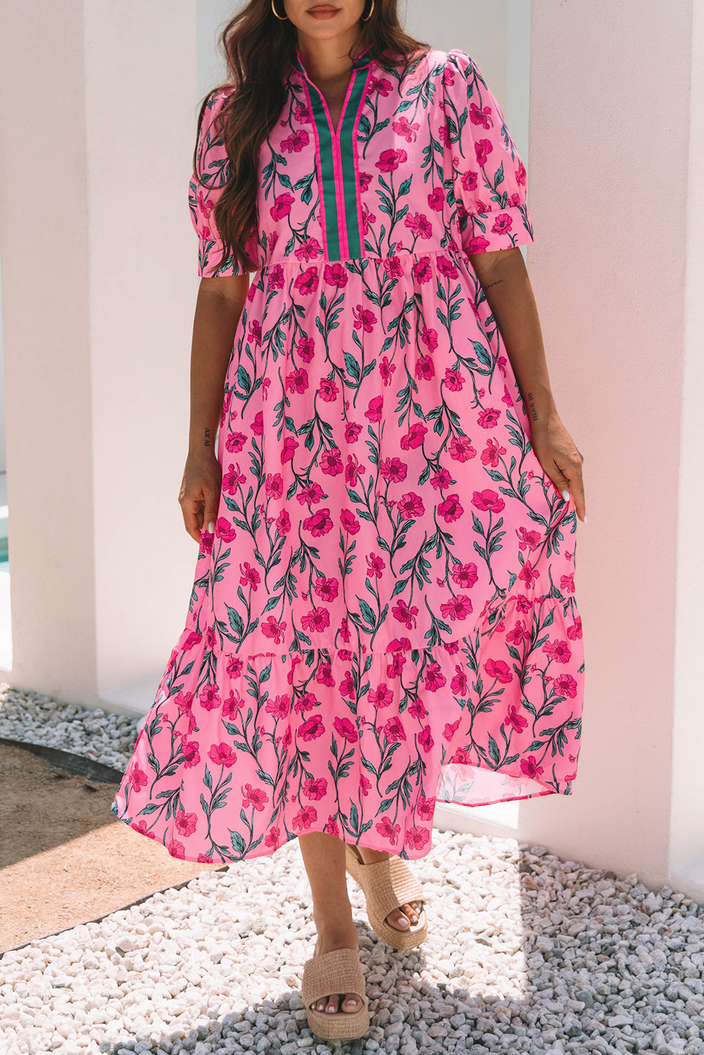 Neckline Floral Contrast A-line Puff Sleeve Long Dress