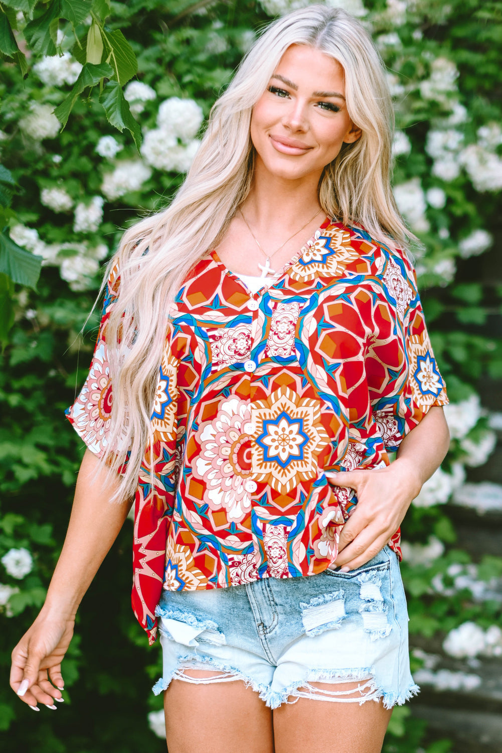 Women's Blouse Featuring Floral-Print Batwing Sleeve V Neck