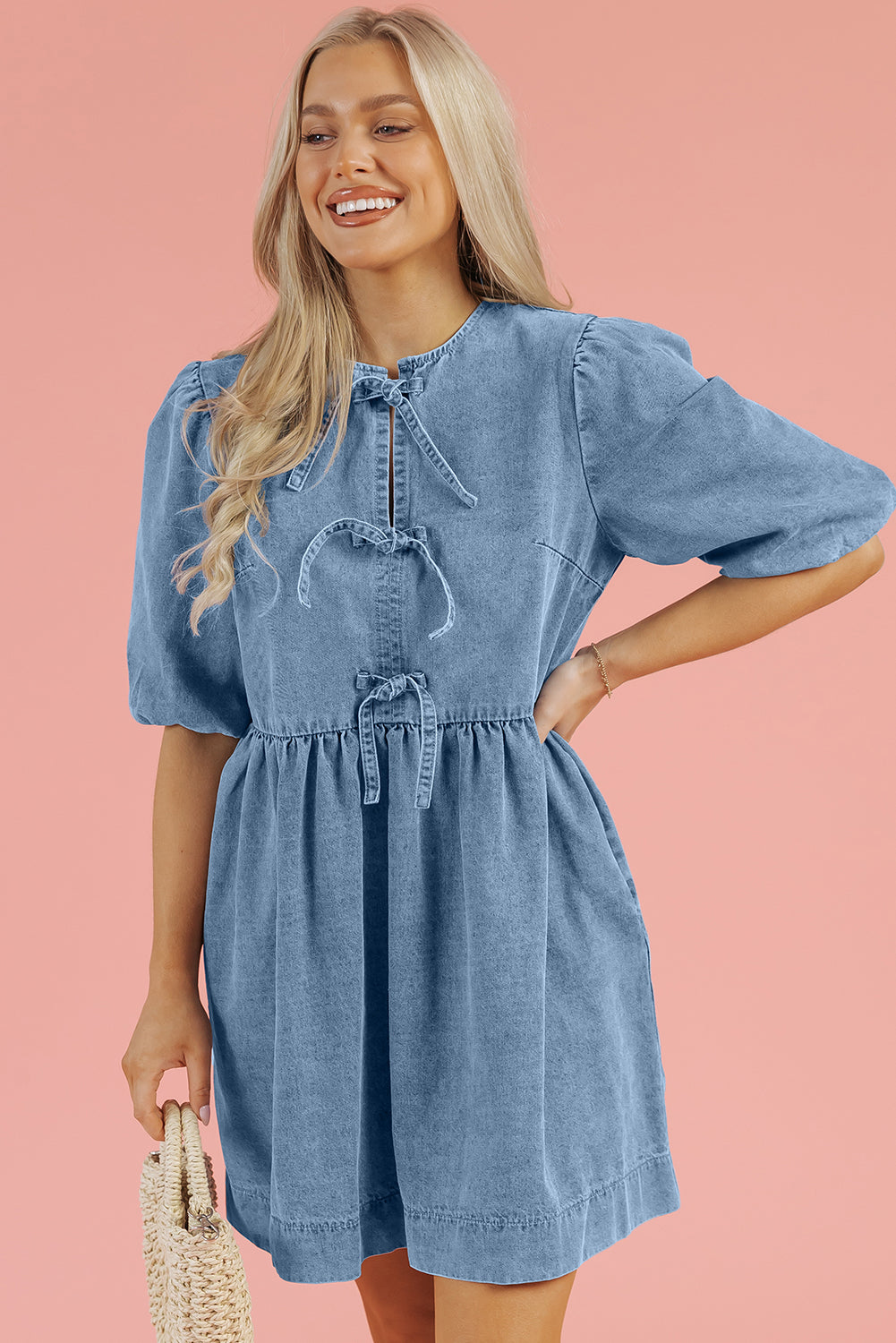 Bowknot Bubble Sleeve Short-Length Denim Dress