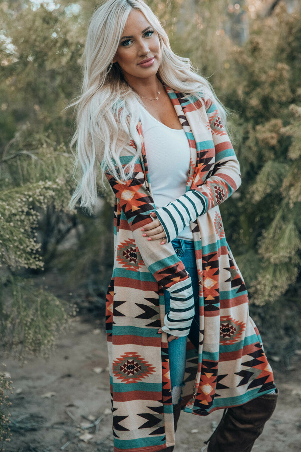 Long Cardigan for Women Geometric Block Open Front