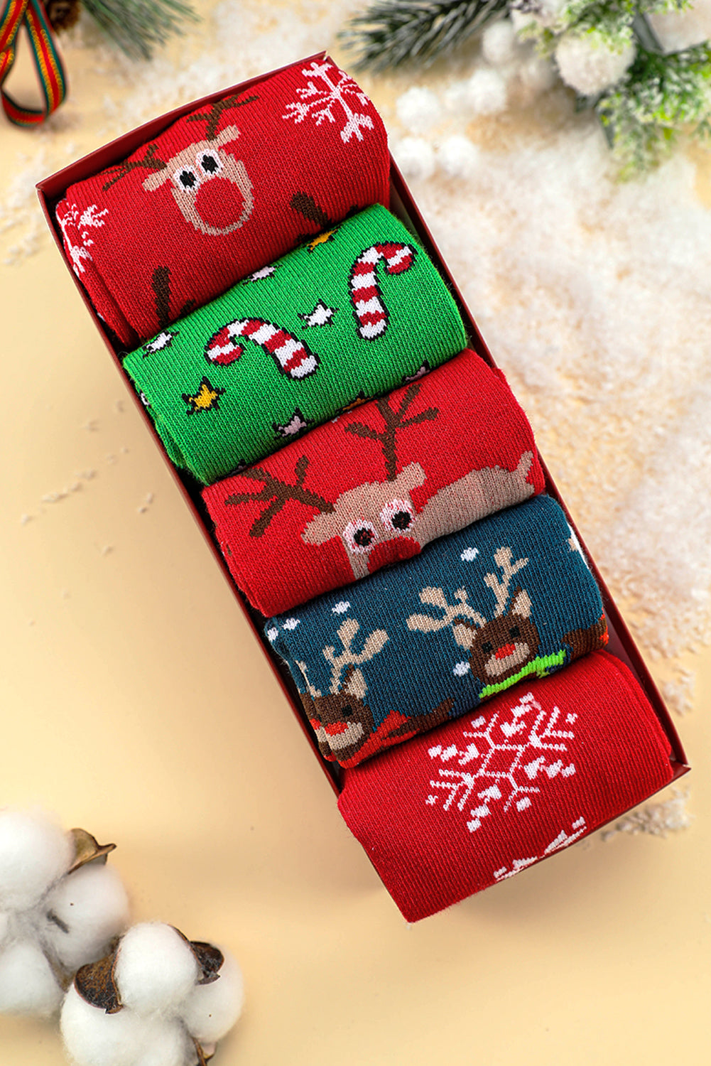 5 Cartoon Pairs/Set Christmas Elk Soft Socks Set with Box