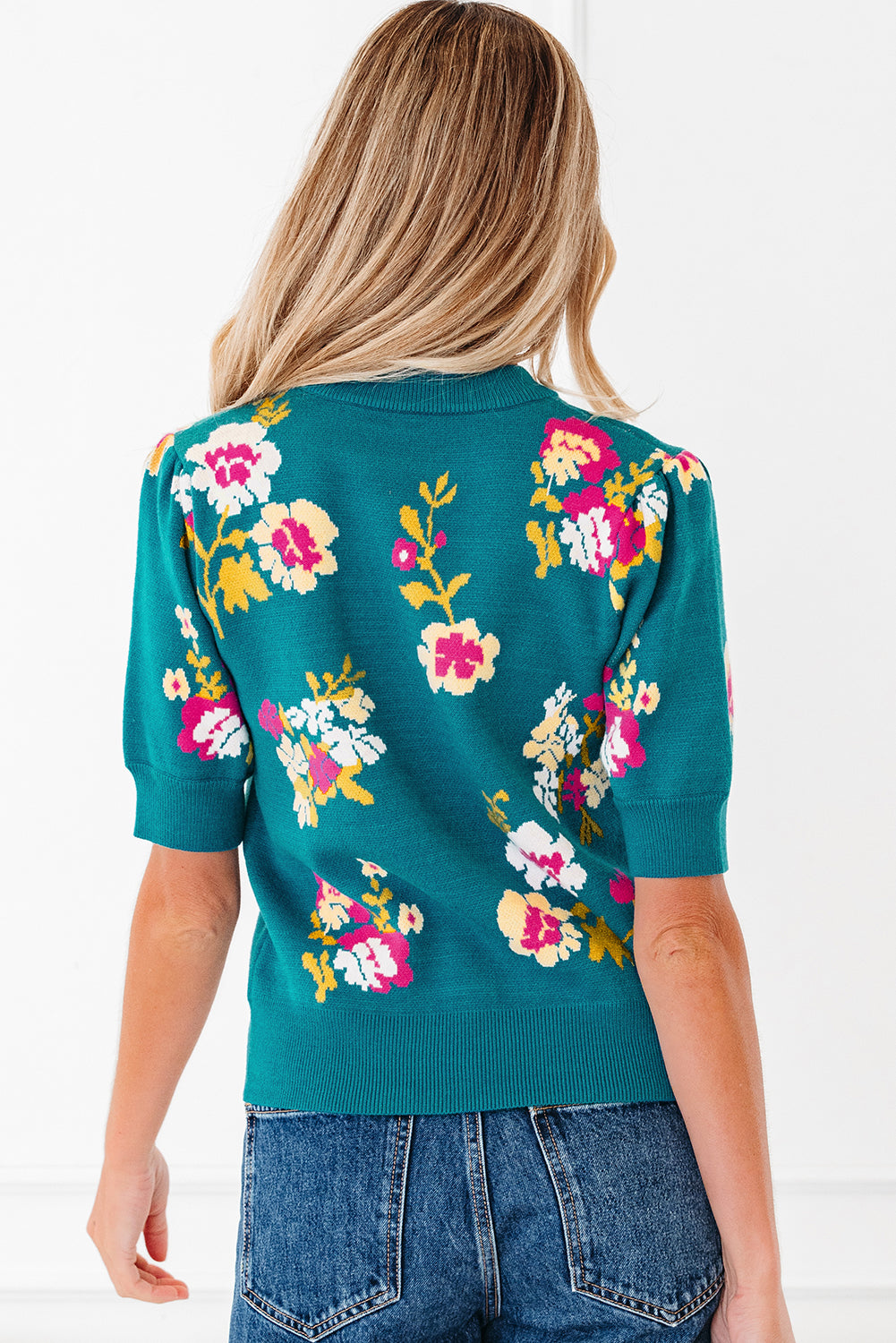 Pattern Mock-Neck Flower Mock-Neck Short-Sleeved Knit T Shirt
