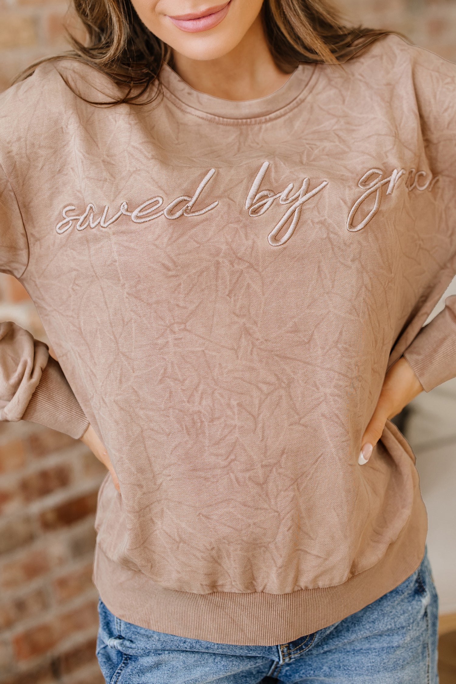grace saved by Letter Embroidery Mineral Wash Loose Sweatshirt