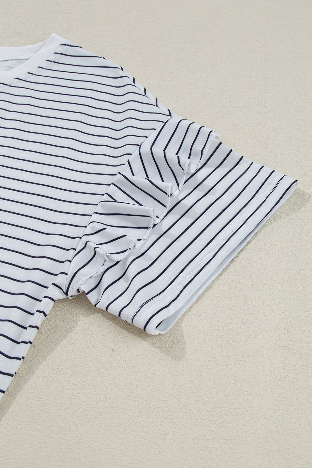 Stripe Ruffled Short-Sleeved Crew-Neck T Shirt Shift Mini Dress in White