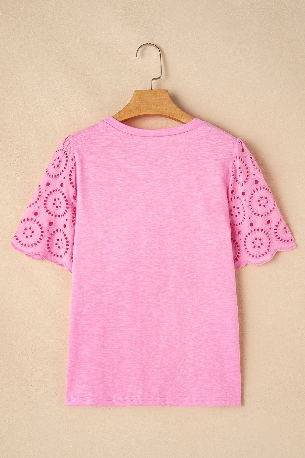 Pink Eyelet Embroidery Scalloped Sleeve T Shirt