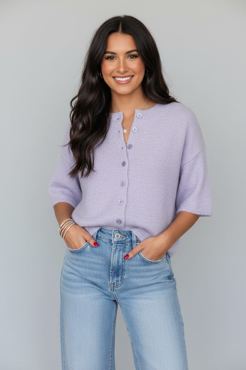 Lavendula Boxy 3/4 Sleeve Knit Button Down Cardigan Knit Top