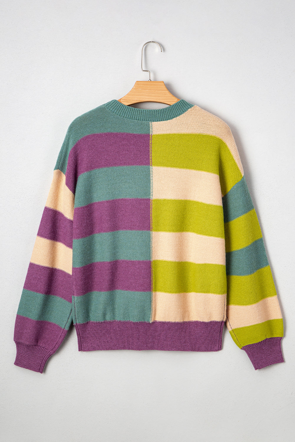 Drop-Shoulder Rib-Knit Stripe Rib-Knit Edge Everyday Knit Top in Green