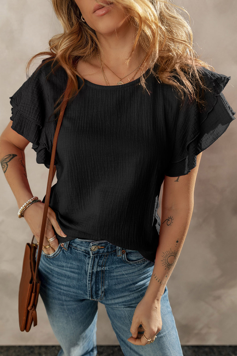 Crinkled Cotton Gauze Ruffle Sleeve Blouse