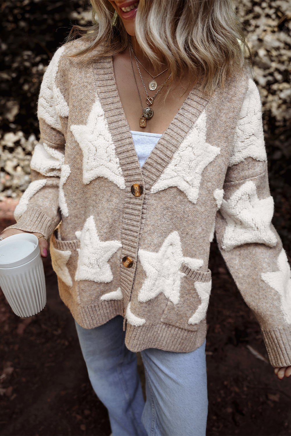 Cardigan pull texturé à motif étoile Sherpa avec poches