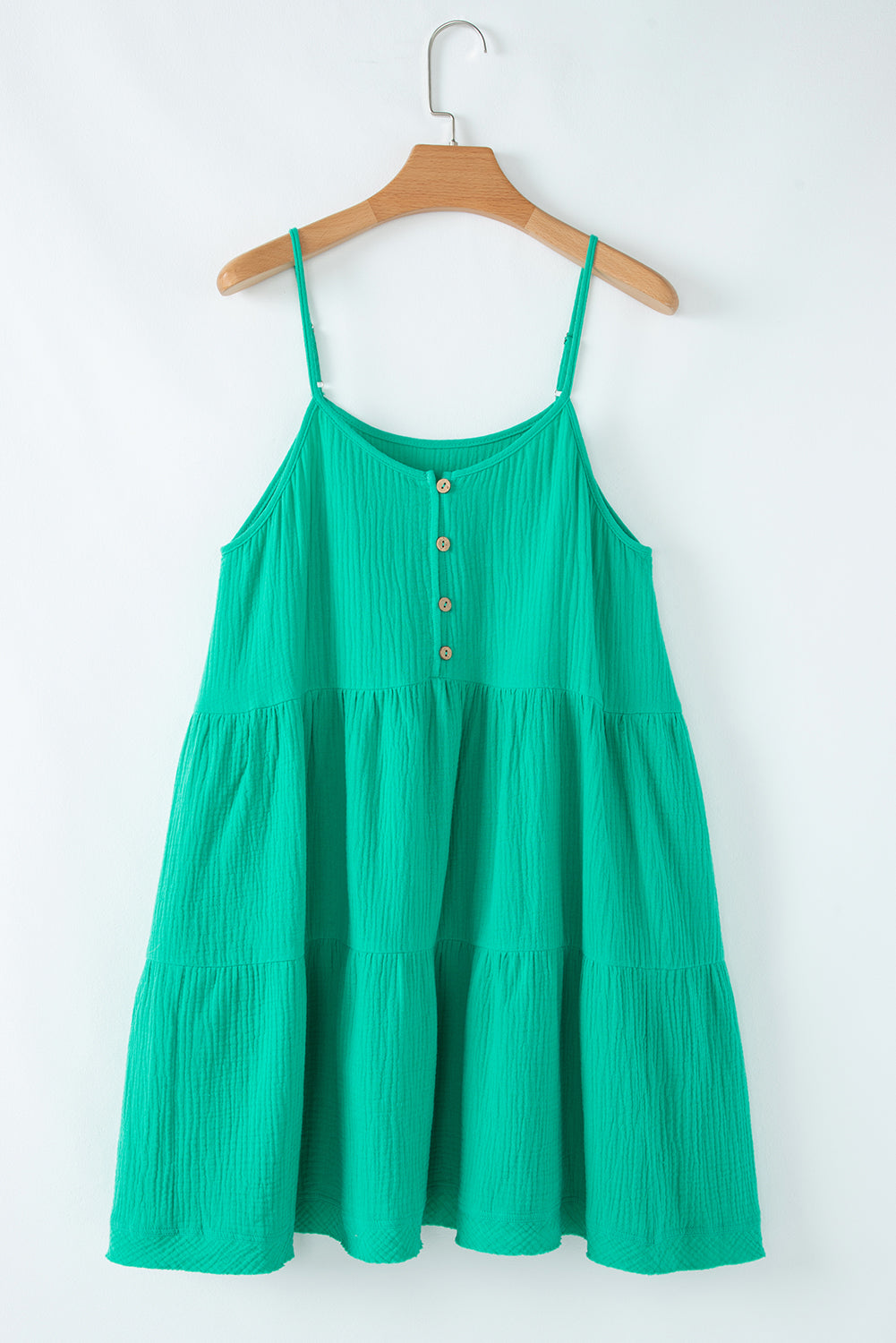 Textured Buttoned Thin Strap Tiered Loose Fit Mini Dress