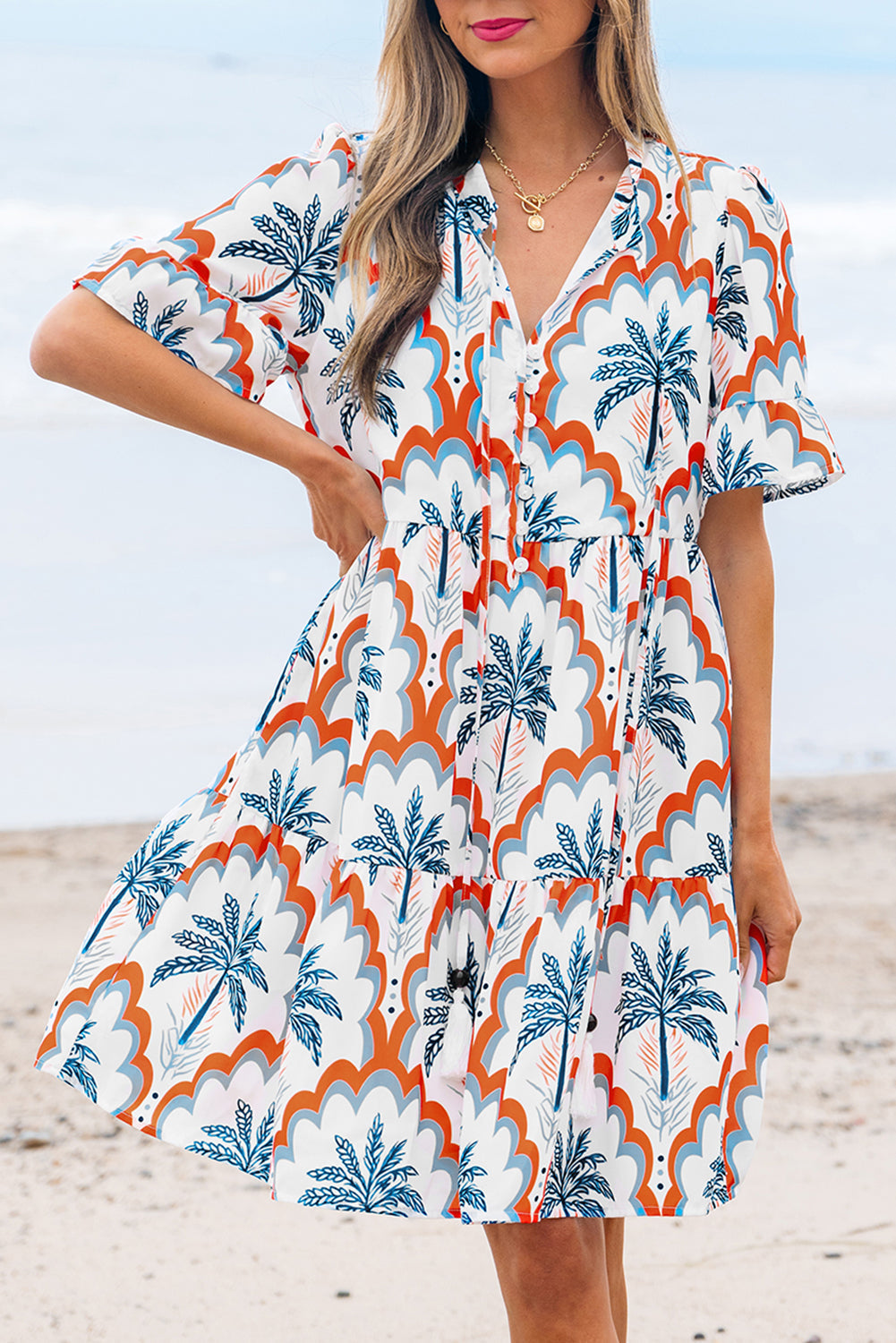 Contrast Palm Tree Printed Short Sleeve Flowy Dress