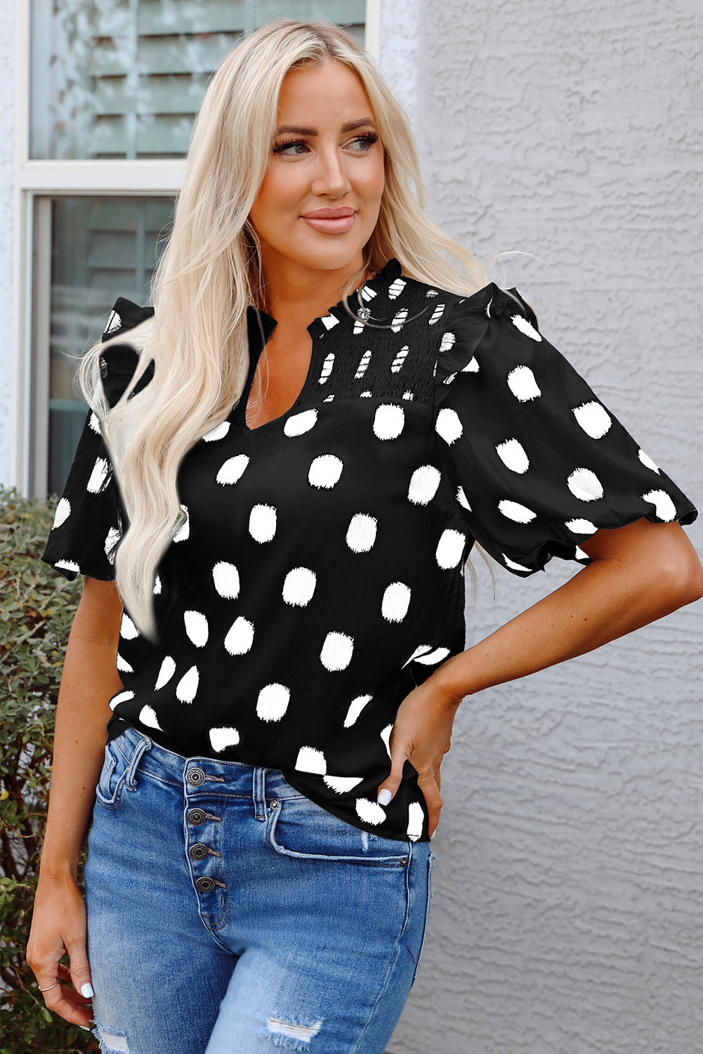 Polka Dot Print Shirred Yoke Notched Neck Blouse