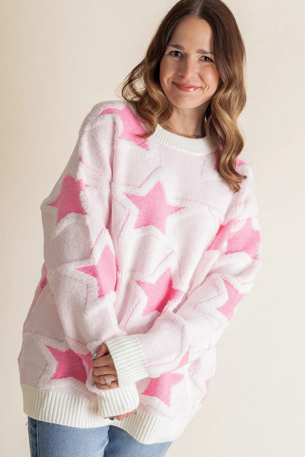 Roomy Cute Star Pattern Rib-Knit Edge Drop-Shoulder Knit Top