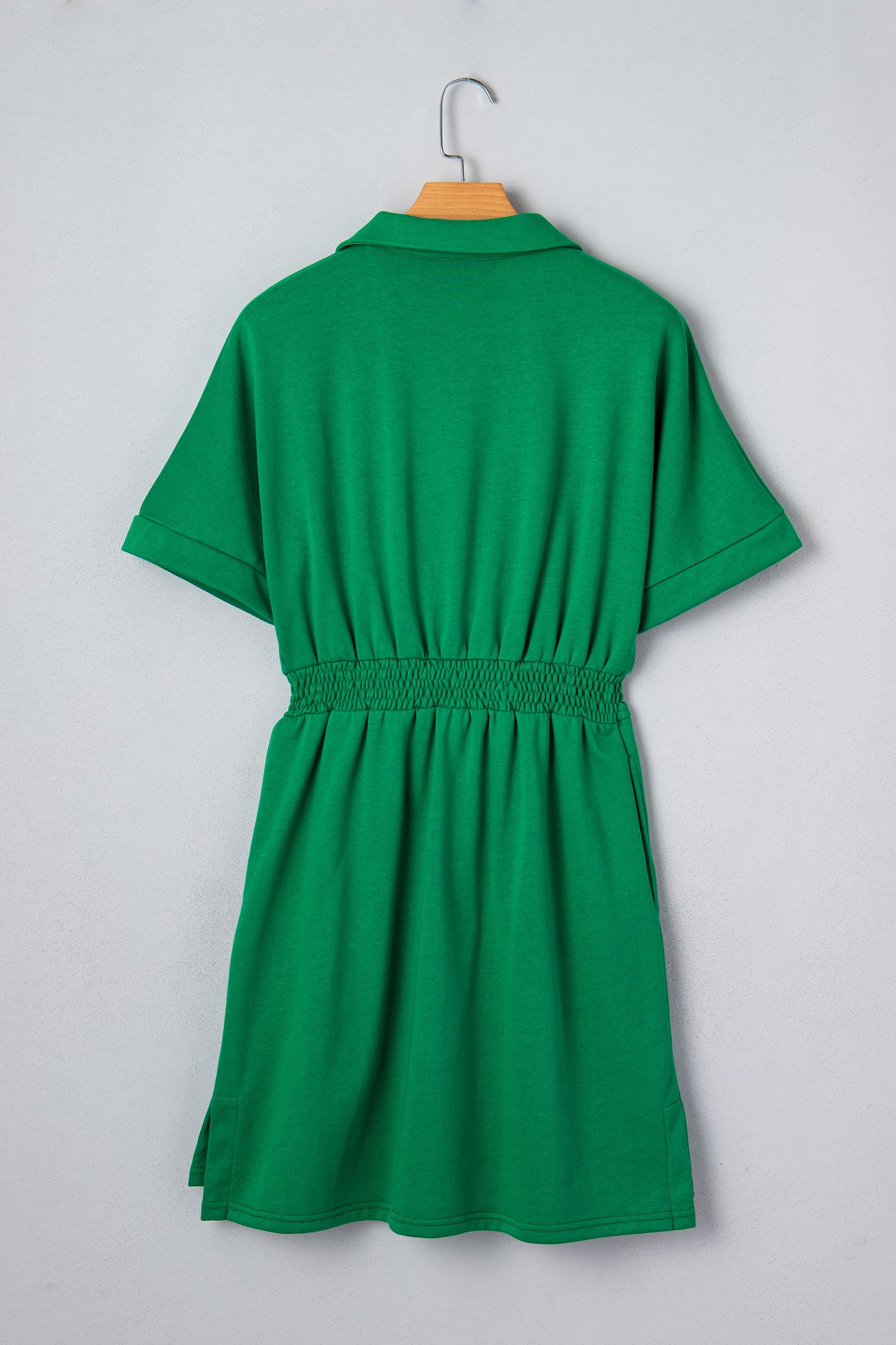 Half Zip Elastic Waist Short-Sleeved Mini Dress in Green