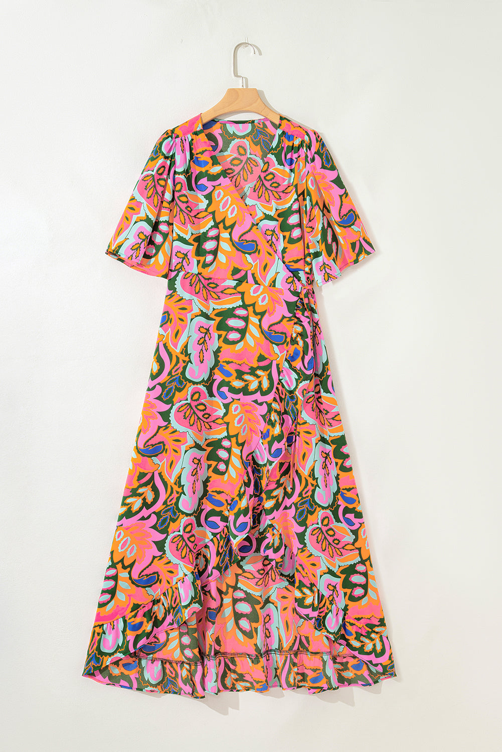 Plant Print Summer Print Surpliced V-Neck Ruffled Asymmetric Slit Wide Maxi Dress